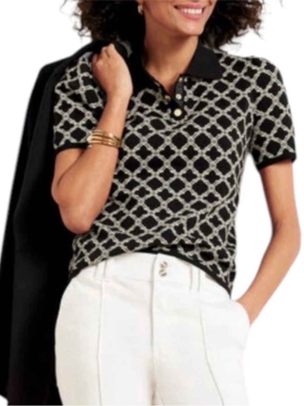 Talbots Black Polo Top with Cream Geometric Pattern